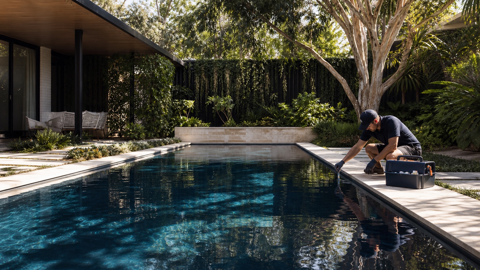 Pool technician testing water beside a clear Brisbane swimming pool